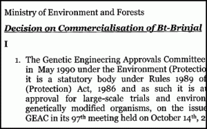 Ministers Report on Bt Brinjal decision